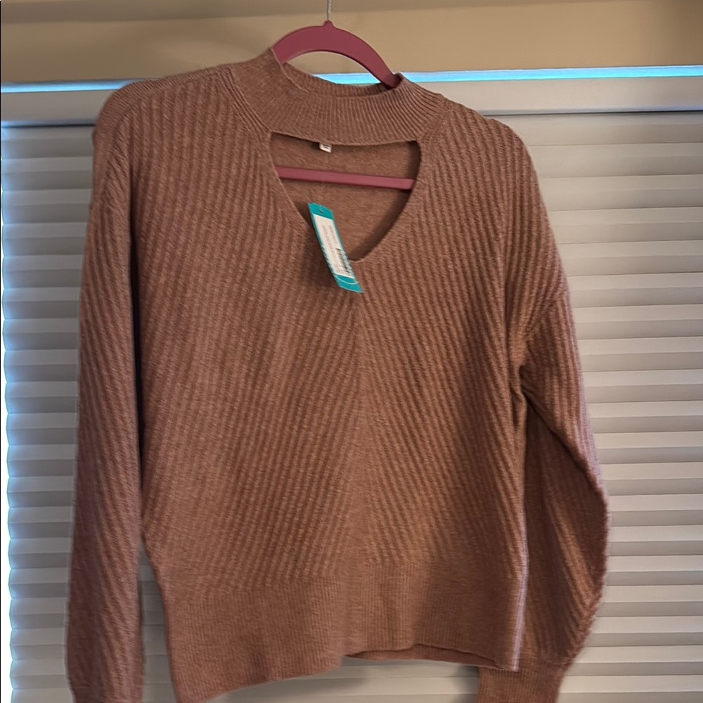Tan V-Neck Ribbed Knit Sweater